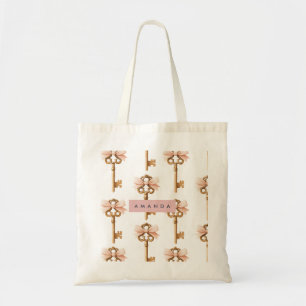 Personalized Coquette Pattern Gold Key & Pink Bow Tote Bag