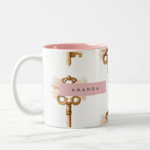 Personalized Coquette Pattern Gold Key & Pink Bow Two-Tone Coffee Mug