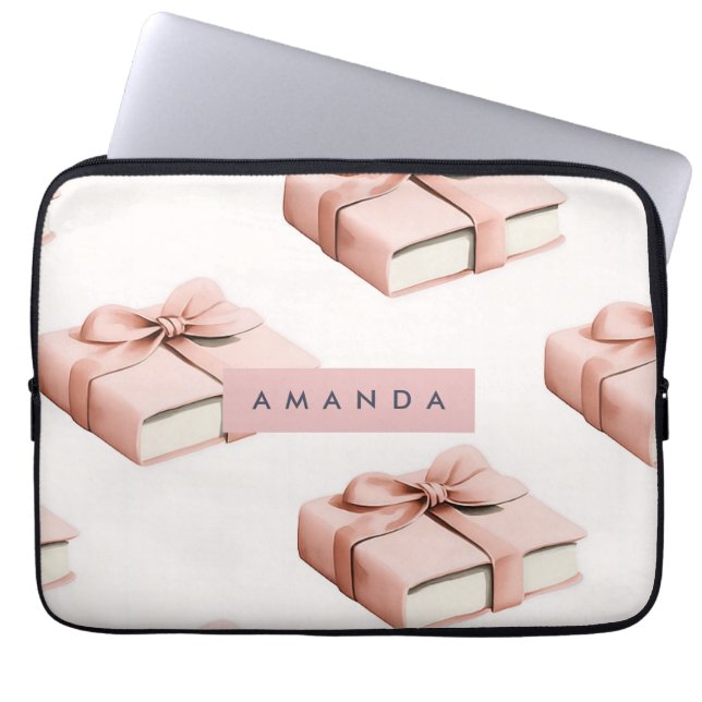 Personalized Coquette Pattern Pink Bow Book Laptop Sleeve (Front)
