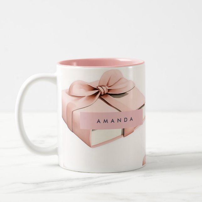Personalized Coquette Pattern Pink Bow Book Two-Tone Coffee Mug (Left)