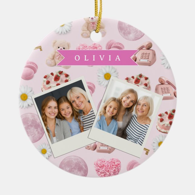 Personalized Coquette Teddy Bear Pink Aesthetic Ceramic Tree Decoration (Front)