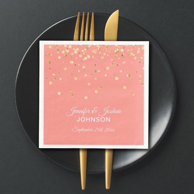 Personalized CORAL Peach Gold Confetti Wedding Napkin (Creator Uploaded)