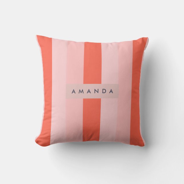 Personalized Coral & Pink Vertical Stripe Pattern Cushion (Front)