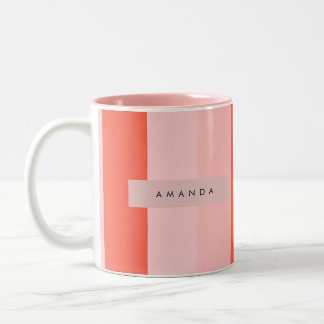 Personalized Coral & Pink Vertical Stripe Pattern Two-Tone Coffee Mug (Left)