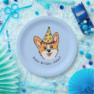 Personalized Corgi Theme Boy's Birthday Paper Plate