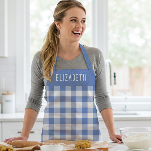 Personalized Cornflower Blue Gingham Check Pattern Apron