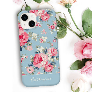 Personalized Cottage Pink Roses on Blue Background Case-Mate iPhone 14 Case