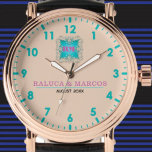 Personalized couple names elegant pink watch<br><div class="desc">Personalized watch with the names of the bride and groom or the couple in love. This watch can be customized by changing the text with the name of the loved one or the wedding date. It can be an ideal gift for newlyweds or for silver or golden wedding anniversaries. Monogram...</div>