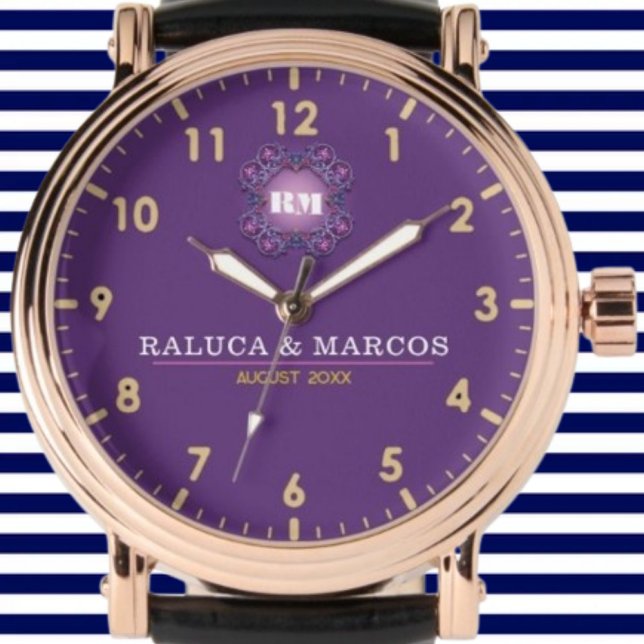 Personalized couple names elegant purple monogram watch (Creator Uploaded)
