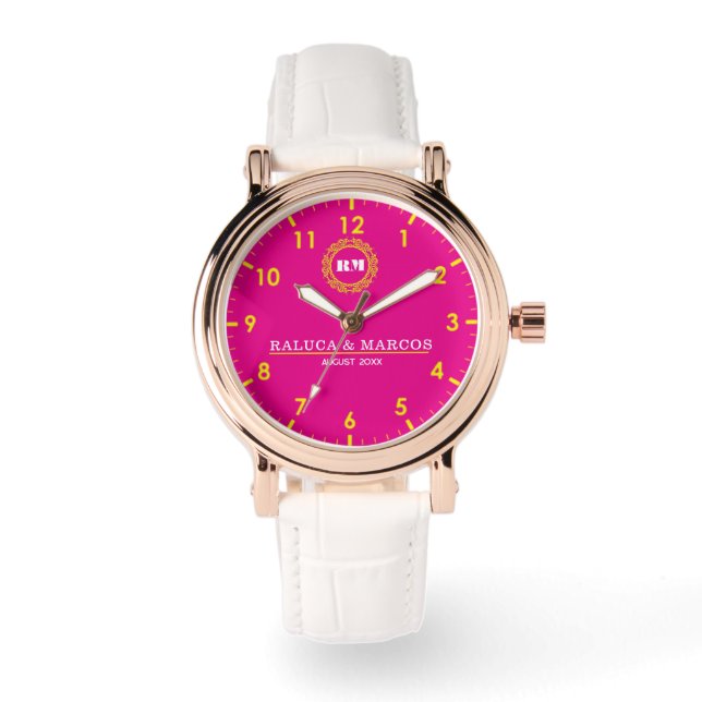 Personalized couple names minimal monogram pink watch (Front)