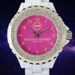 Personalized couple names monogram pink and yellow watch<br><div class="desc">Custom Personalized Watch with his & her initials and date, this custom watch is a sweet anniversary gift to celebrate a milestone occasion for a couple. It makes a meaningful gift for a special day. Personalized Watch Wedding Gift for Groom, Watch For Groom, Anniversary Gift for Men, Groom Gift From...</div>