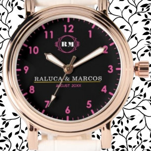 Personalized couple names monogram pink black watch