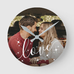 Personalized Couple Photo Love Script Sparkle Round Clock