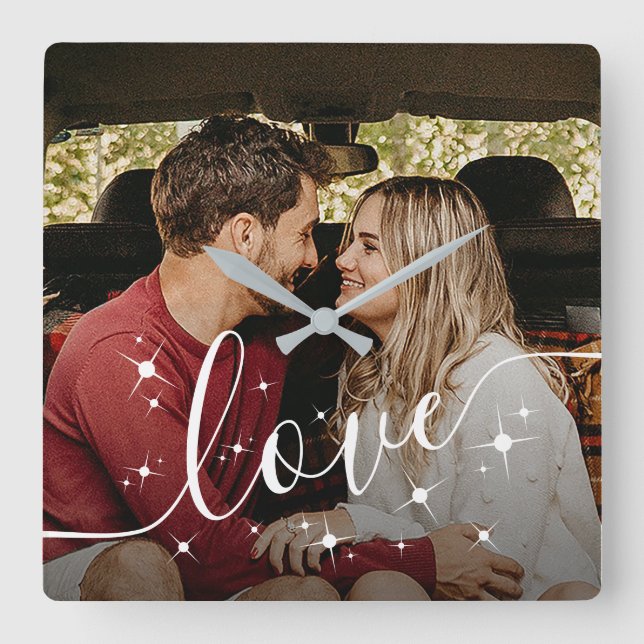 Personalized Couple Photo Love Script Sparkle Square Wall Clock (Front)