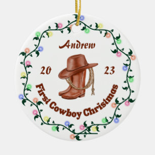 Personalized Cowboy Baby First Christmas Ceramic Tree Decoration