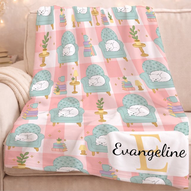 Personalized Cozy Aesthetic Cat Pattern Girl Pink Fleece Blanket (Creator Uploaded)