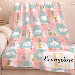 Personalized Cozy Aesthetic Pink Cat Pattern Girly Fleece Blanket