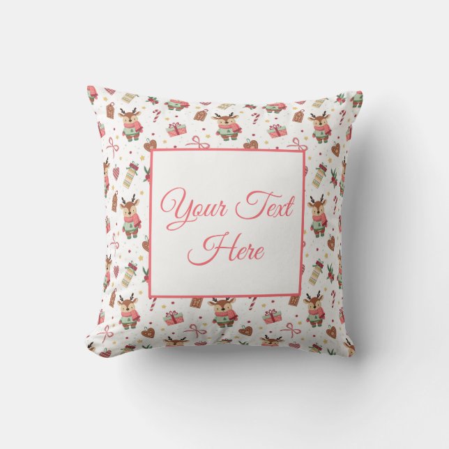 Personalized Cozy Reindeer Christmas Throw Pillow (Front)