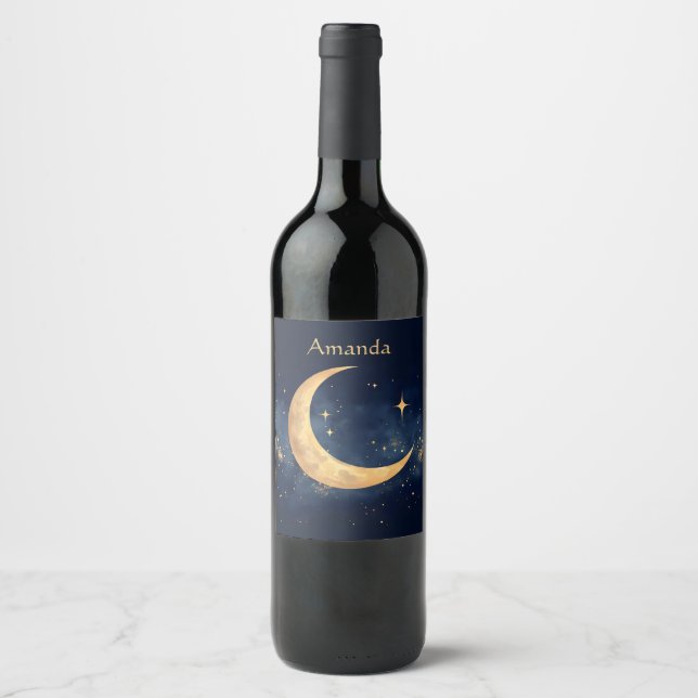 Personalized Crescent Moon and Stars Night Sky Wine Label (Front)