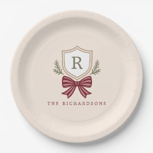 Personalized Crest Bow Monogram Christmas Party Paper Plate