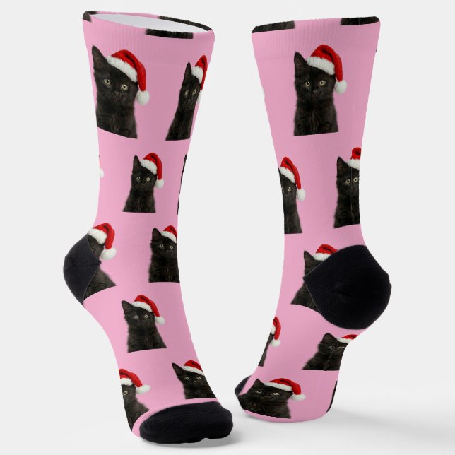 Personalized Custom Black Kitty Cat Christmas  Socks (Angled)