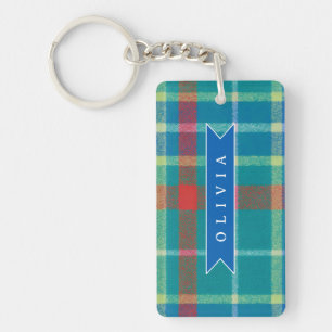 Personalized Custom Blue Plaid Preppy Style Key Ring