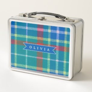 Personalized Custom Blue Plaid Preppy Style Metal Lunch Box