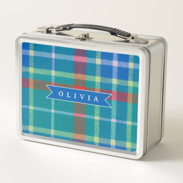 Personalized Custom Blue Plaid Preppy Style Metal Lunch Box (Front)