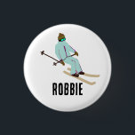 Personalized Custom Name Retro Ski Opening Skier  3 Cm Round Badge<br><div class="desc">Ski opening! Cool winter-themed skier pattern design with skiers skiing down alpine ski resort slopes among snow-covered fir trees in the alps. Freeride skiers are wearing colorful vintage retro ski suits, skiing downhill with skis on a pastel pink snowy mountain landscape background. Wonderful winter sports fun gift for a skier...</div>