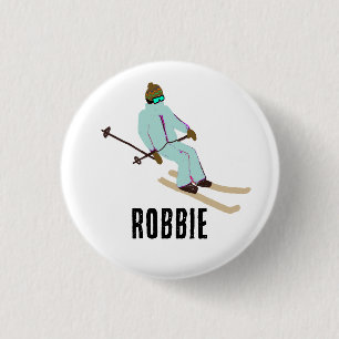 Personalized Custom Name Retro Ski Opening Skier 3 Cm Round Badge