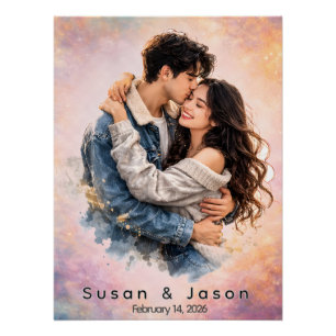 Personalized Custom Watercolor Couple Photo Gift Poster