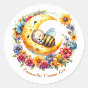 Personalized Cute Baby Bumble Bee Sleeping on Moon Classic Round Sticker