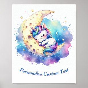 Personalized Cute Baby Unicorn Sleeping on Moon Poster