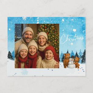 Personalized cute bears building a snowman postcard