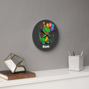 Personalized Cute Birthday Dino Kids  Round Clock
