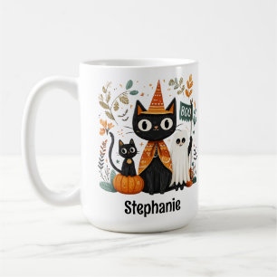 Personalized Cute Black Cat & Ghost Halloween Coffee Mug