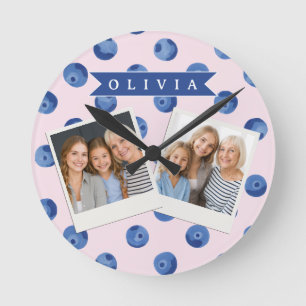 Personalized Cute Blueberry Watercolor Gift Name Round Clock