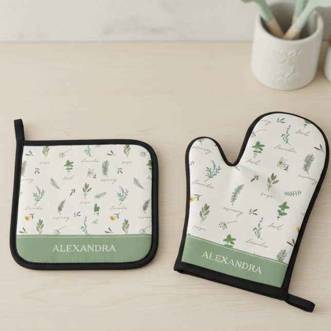 Personalized Cute Botanical Oven Mitt & Pot Holder Set (sweet cottagecore sage green personalized oven mitt and pot holder set with custom name for chef)