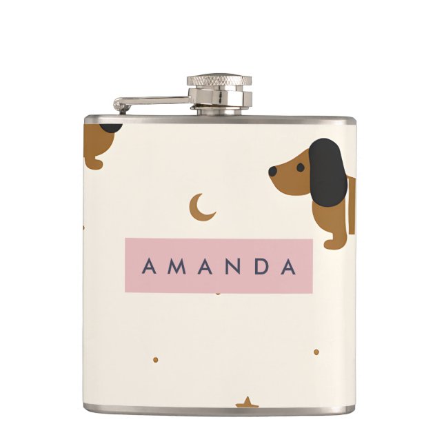 Personalized Cute Brown Dachshund Puppy Hip Flask (Front)