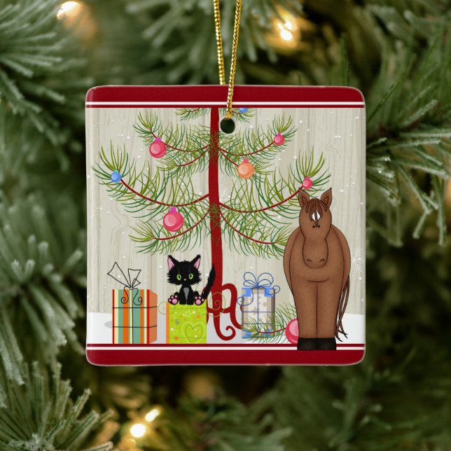 Personalized Cute Brown Horse and Kitten Christmas Ceramic Ornament (Tree)