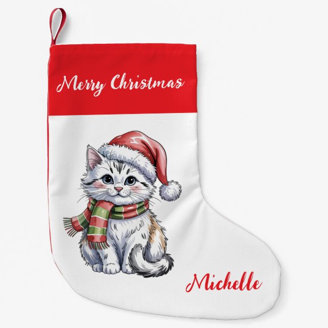 Personalized Cute Christmas Cat Holiday       Small Christmas Stocking (Front)