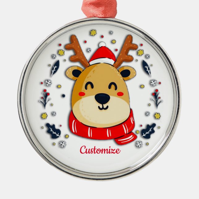 Personalized Cute Christmas Reindeer Metal Tree Decoration (Front)