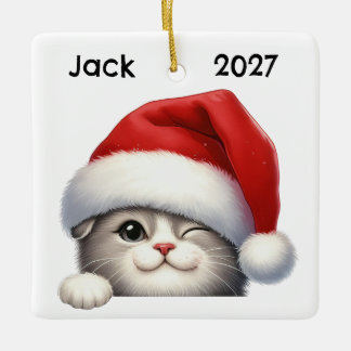 Personalized Cute Christmas Scottish Fold Cat  Ceramic Ornament
