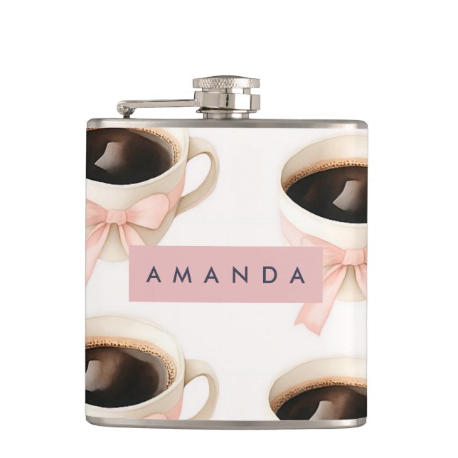 Personalized Cute Coffee Cup Coquette Pattern Hip Flask (Front)