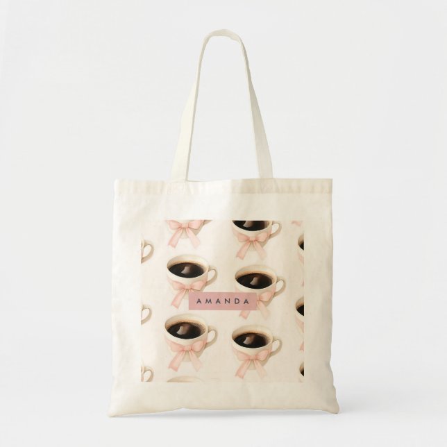 Personalized Cute Coffee Cup Coquette Pattern Tote Bag (Front)