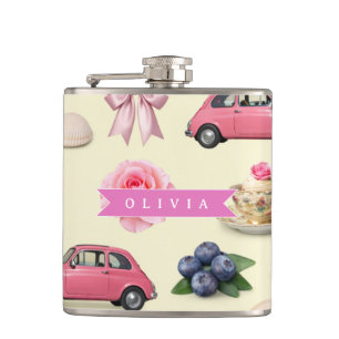 Personalized Cute Coquette Pink Cocktail Ribbon Hip Flask