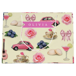 Personalized Cute Coquette Pink Cocktail Ribbon Large Gift Bag