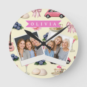 Personalized Cute Coquette Pink Cocktail Ribbon Round Clock