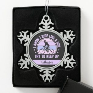 Personalized Cute Cycling Girl Bicycle Funny Snowflake Pewter Christmas Ornament