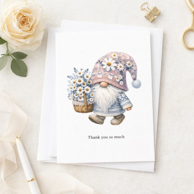 Personalized Cute Daisy Flower Gnome Thank you  Card (Cute Garden Gnome with Daisies Thank you card)